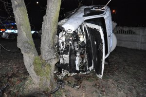 Zdjęcie rozbitego samochodu. Samochód leży na boku kierowcy oparty o sąsiadujące drzewo.
