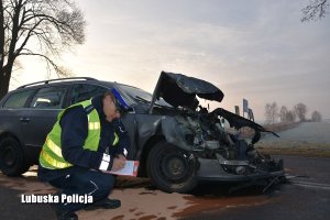 policjant wypełniający dokumentację przy samochodzie
