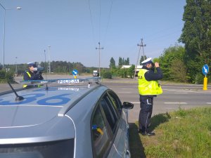 policjant w odblaskowej kamizelce stojący przy drodze obok radiowozu