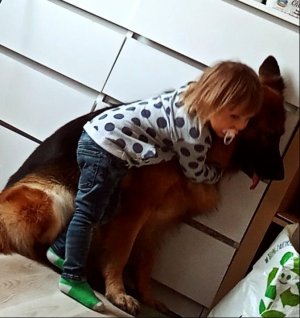dziecko tulące psa