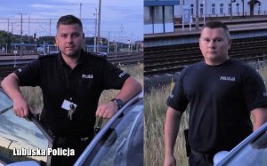 Złączone dwa zdjęcia, policjanci stoją przy bokach radiowozu, w tle torowisko