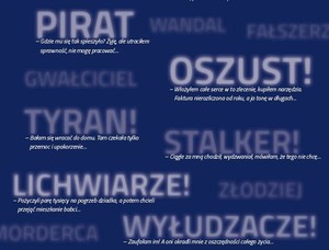 baner akcji, na niebieskim tle nazwy przestępców określane od czynów: pirat, oszust, gwałciciel