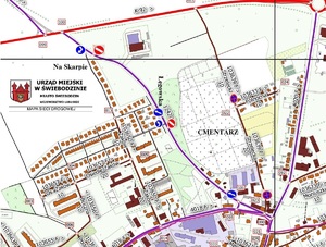 Mapa ulic w pobliżu cmentarza w Świebodzinie