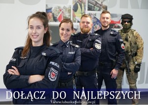Plakat rekrutacyjny, kilkoro policjantów w szeregu.